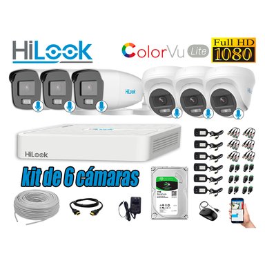 KIT 6 CÁMARA SEGURIDAD HILOOK FULL HD COLORVU LITE NOCHE COLOR 1 TB
