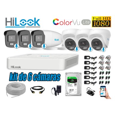KIT 6 CÁMARA SEGURIDAD HILOOK FULL HD COLORVU LITE NOCHE COLOR 2 TB