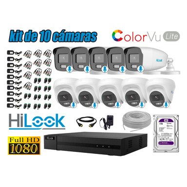 KIT 10 CÁMARA SEGURIDAD HILOOK FULL HD COLORVU LITE NOCHE COLOR 1 TB