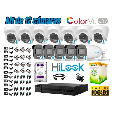 KIT 12 CÁMARA SEGURIDAD HILOOK FULL HD COLORVU LITE NOCHE COLOR 1 TB