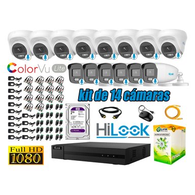 KIT 14 CÁMARA SEGURIDAD HILOOK FULL HD COLORVU LITE NOCHE COLOR 2 TB