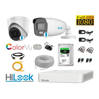 KIT 2 CÁMARA SEGURIDAD HILOOK FULL HD COLORVU LITE NOCHE COLOR 1 TB