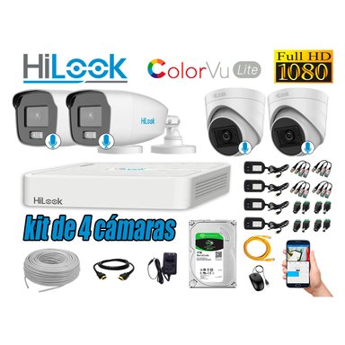KIT 4 CÁMARA SEGURIDAD HILOOK FULL HD COLORVU LITE NOCHE COLOR 1 TB