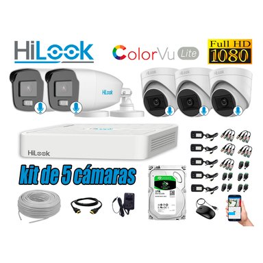 KIT 5 CÁMARA SEGURIDAD HILOOK FULL HD COLORVU LITE NOCHE COLOR 1 TB
