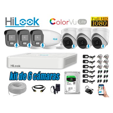 KIT 6 CÁMARA SEGURIDAD HILOOK FULL HD COLORVU LITE NOCHE COLOR 1 TB