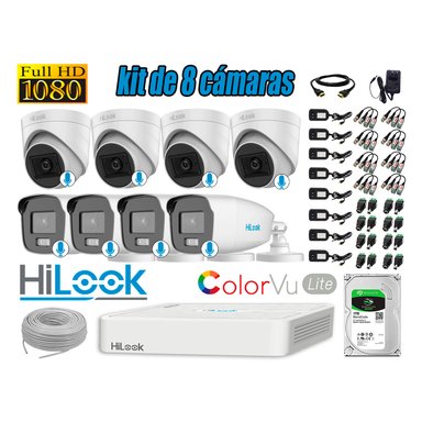 KIT 8 CÁMARA SEGURIDAD HILOOK FULL HD COLORVU LITE NOCHE COLOR 1 TB