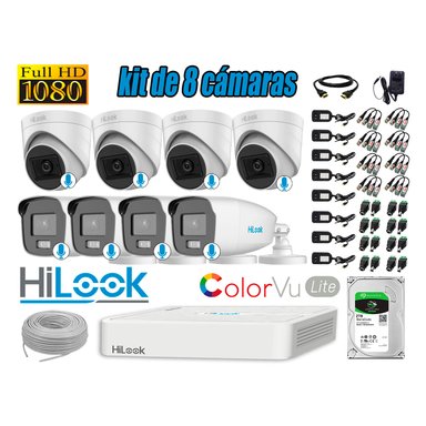 KIT 8 CÁMARA SEGURIDAD HILOOK FULL HD COLORVU LITE NOCHE COLOR 2 TB