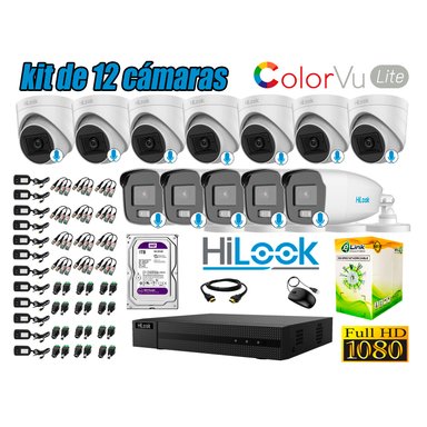 HILOOK - CÁMARAS SEGURIDAD KIT 12 FULL HD | COLORVU LITE NOCHE COLOR 1TB