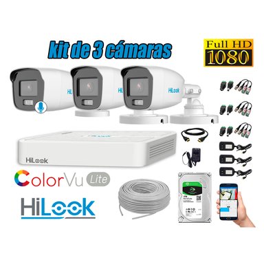 KIT 3 CÁMARA SEGURIDAD HILOOK EXTERIOR 1080P COLORVU LITE NOCHE COLOR 1 TB