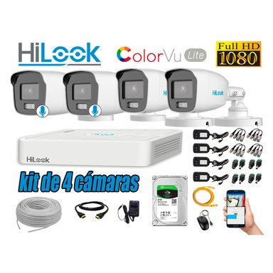 KIT 4 CÁMARA SEGURIDAD HILOOK EXTERIOR 1080P COLORVU LITE NOCHE COLOR 2 TB