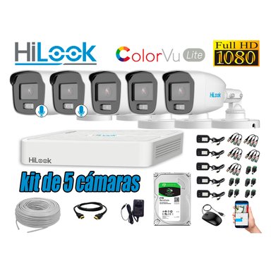 KIT 5 CÁMARA SEGURIDAD HILOOK EXTERIOR 1080P COLORVU LITE NOCHE COLOR 2 TB