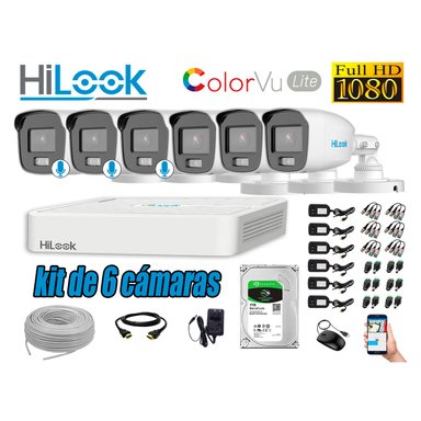 KIT 6 CÁMARA SEGURIDAD HILOOK EXTERIOR 1080P COLORVU LITE NOCHE COLOR 1 TB