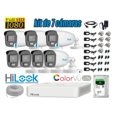 KIT 7 CÁMARA SEGURIDAD HILOOK EXTERIOR 1080P COLORVU LITE NOCHE COLOR 1 TB