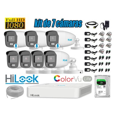 KIT 7 CÁMARA SEGURIDAD HILOOK EXTERIOR 1080P COLORVU LITE NOCHE COLOR 2 TB