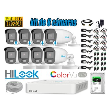 KIT 8 CÁMARA SEGURIDAD HILOOK EXTERIOR 1080P COLORVU LITE NOCHE COLOR 2 TB