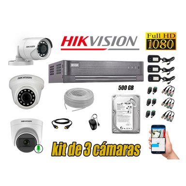KIT 3 CÁMARA VIGILANCIA HIKVISION FULL HD 500 GB | 1 CAMARA MICROFONO