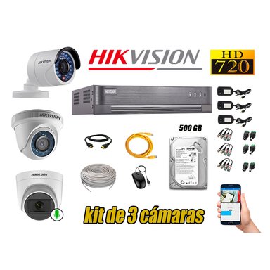 KIT 3 CÁMARA VIGILANCIA HIKVISION HD 720P 500 GB | 1 CAMARA MICROFONO