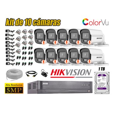 CÁMARAS SEGURIDAD HIKVISION BLANCO EXTERIOR KIT 10 5MP + DISCO 1TB COLORVU
