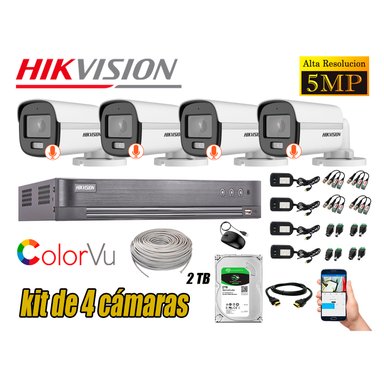 CÁMARAS SEGURIDAD HIKVISION BLANCO EXTERIOR KIT 4 5MP + DISCO 2TB COLORVU