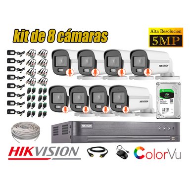 CÁMARAS SEGURIDAD HIKVISION BLANCO EXTERIOR KIT 8 5MP + DISCO 1TB COLORVU