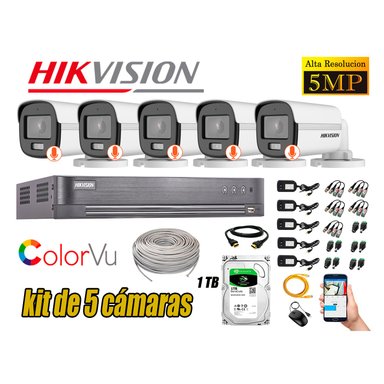 CÁMARAS SEGURIDAD HIKVISION BLANCO EXTERIOR KIT 5 5MP + DISCO 1TB COLORVU