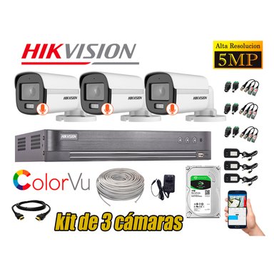 CÁMARAS SEGURIDAD HIKVISION BLANCO EXTERIOR KIT 3 5MP + DISCO 1TB VU