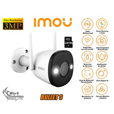 IMOU - CÁMARA SEGURIDAD WI-FI BULLET 3 2K 3MP EXTERIOR NOCHE COLOR + 128GB