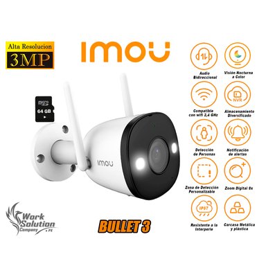 IMOU - CÁMARA SEGURIDAD WI-FI BULLET 3 2K 3MP EXTERIOR NOCHE COLOR + 64GB