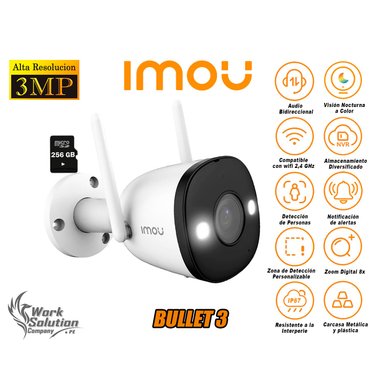 IMOU - CÁMARA SEGURIDAD WI-FI BULLET 3 2K 3MP EXTERIOR NOCHE COLOR + 256GB