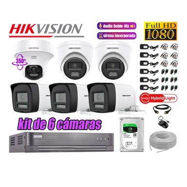 CÁMARA SEGURIDAD HIKVISION KIT 6 AUDIO BIDIRECCIONAL FULL HD | 1 DOMO PTZ  LUZ SIRENA | 2TB