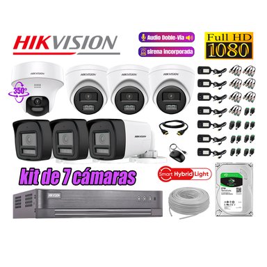CÁMARA SEGURIDAD HIKVISION KIT 7 AUDIO BIDIRECCIONAL FULL HD | 1 DOMO PTZ  LUZ SIRENA | 2TB
