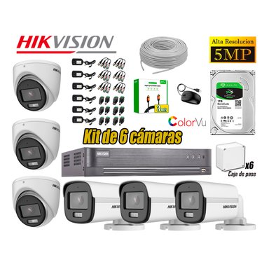 CÁMARA SEGURIDAD HIKVISION KIT 6 5MP 3K NOCHE COLOR VU AUDIO INCORPORADO DISCO 1TB HDMI 3M