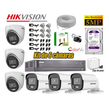 CÁMARA SEGURIDAD HIKVISION KIT 6 5MP 3K NOCHE COLOR VU AUDIO INCORPORADO HDMI 3M DISCO 1TB WD