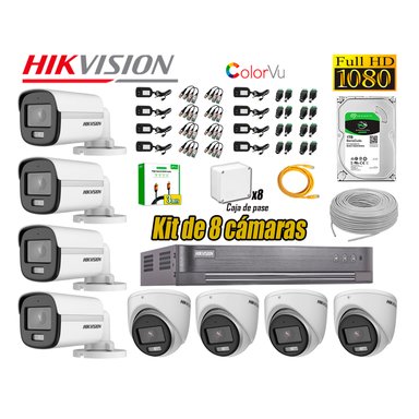 CÁMARA SEGURIDAD HIKVISION KIT 8 FULL HD NOCHE COLOR VU AUDIO INCORPORADO DISCO 1TB HDMI 3M