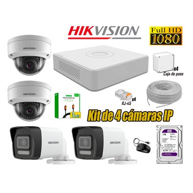 CÁMARA SEGURIDAD HIKVISION KIT 4 IP POE FULL HD AUDIO INCORPORADO HDMI 3M DISCO 1TB