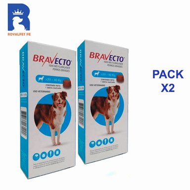 PACK 2 ANTIPULGAS PERRO BRAVECTO 1000 MG TABLETA 20-40 KG