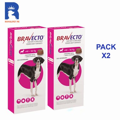 PACK 2 ANTIPULGAS PERRO BRAVECTO 400 MG TABLETA 40-56 KG