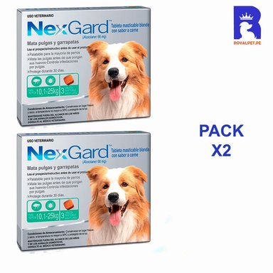 ANTIPULGAS PARA PERRO NEXGARD 10 A 25 KG 68 MG X3 TABLETAS PACK X2 CAJAS