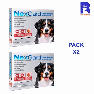 ANTIPULGAS PARA PERRO NEXGARD 25 A 50 KG 136 MG X3 TABLETAS PACK X2 CAJAS