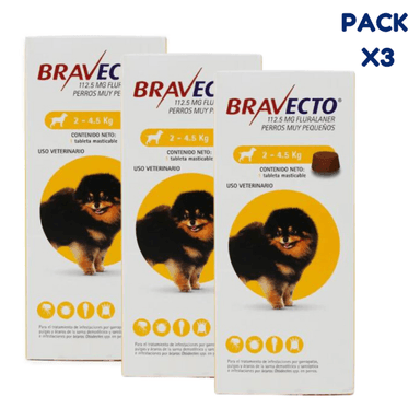ANTIPULGAS PARA PERRO BRAVECTO 2-4.5 KG 112.50 MG PACK X3