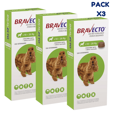 ANTIPULGAS PARA PERRO BRAVECTO 10-20 KG 500 MG PACK X3