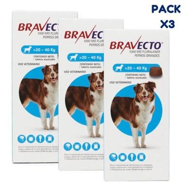 ANTIPULGAS PARA PERRO BRAVECTO 20-40 KG 1000 MG PACK X3