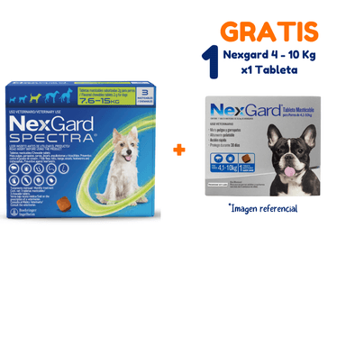 ANTIPULGAS  NEXGARD SPECTRA 7.6-15 KG X3 TABLETAS + NEXGARD 4.1-10 KG X1 TABLETA