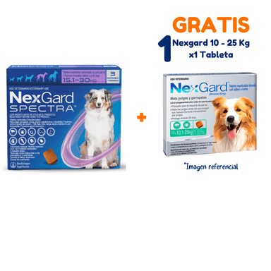 ANTIPULGAS  NEXGARD SPECTRA 15.1-30 KG X3 TABLETAS + NEXGARD 10-25 KG X1 TABLETA