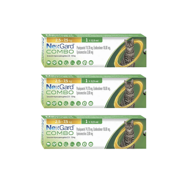 PIPETAS ANTIPULGAS GATOS NEXGARD RAZA MEDIANA PACK 3 COMBO 2.5-7.5 KG