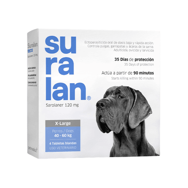 ANTIPULGAS PARA PERRO SURALAN X-LARGE 40 - 60 KG X4 TABLETAS