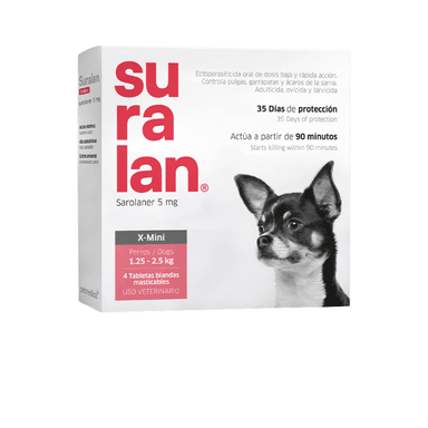 ANTIPULGAS PARA PERRO SURALAN X-MINI 1.25 -2.5 KG X4 TABLETAS