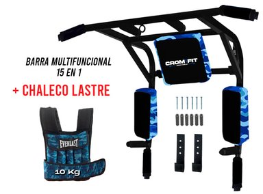BARRA CROM FIT 15 EN 1 SOPORTE 350KG MULTIFUNCIONAL DOMINADAS + CHALECO REGULABLE 10KG