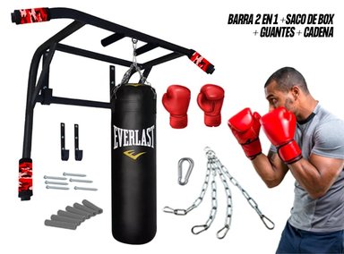BARRA CALISTENIA CROM FIT 2 EN 1 DOMINADA + SACO BOX CROSSFIT + CADENA SOPORTE + GUANTES BOXEO