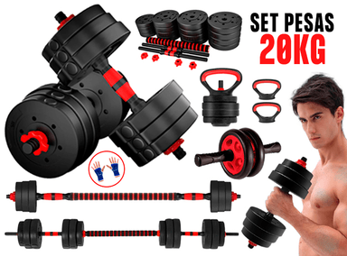 SET PESAS 20KG CONVERTIBLES + RUEDA ABDOMINAL + GUANTES GRATIS - 1
